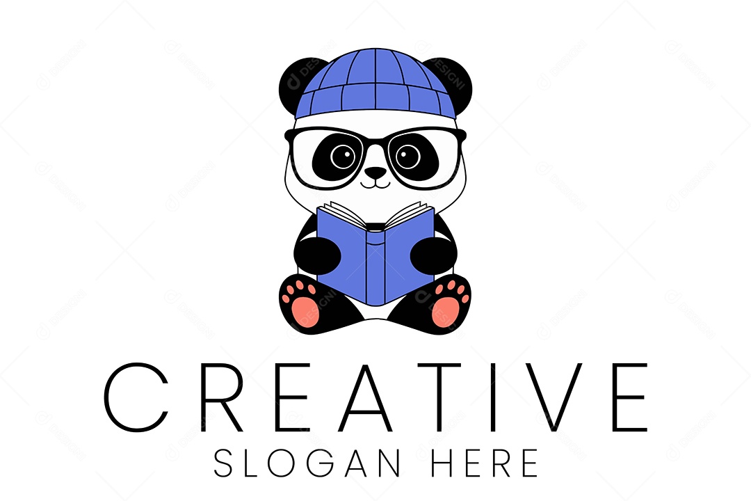 Logo de Animal Panda Lendo Livro Ilustração Vetor EPS + AI Editável