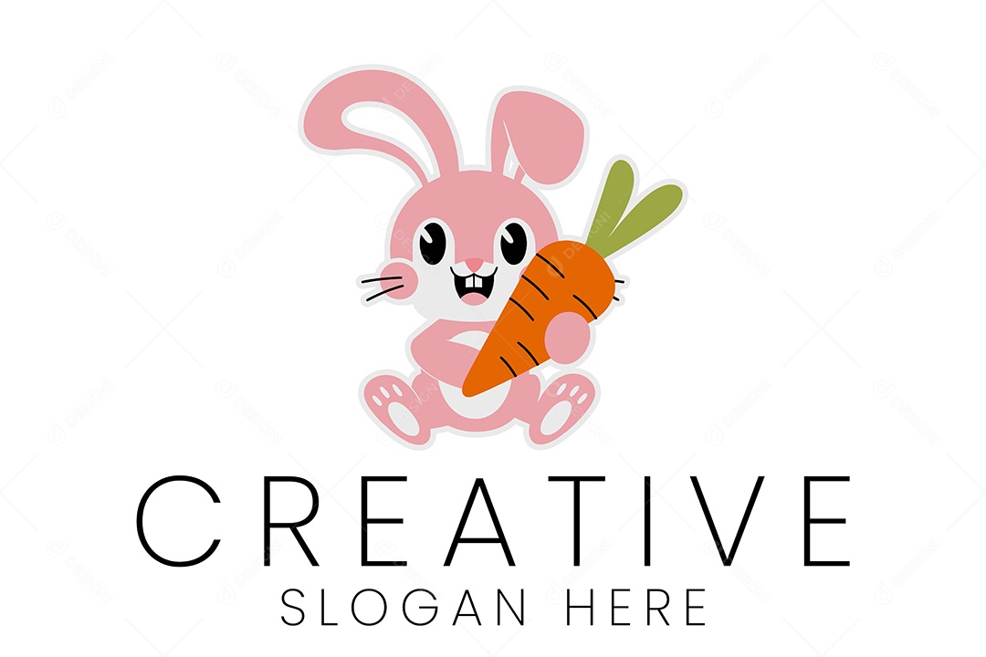 Logo de Animal Coelho Rosa Segurando Uma Cenoura Ilustração Vetor EPS + AI Editável