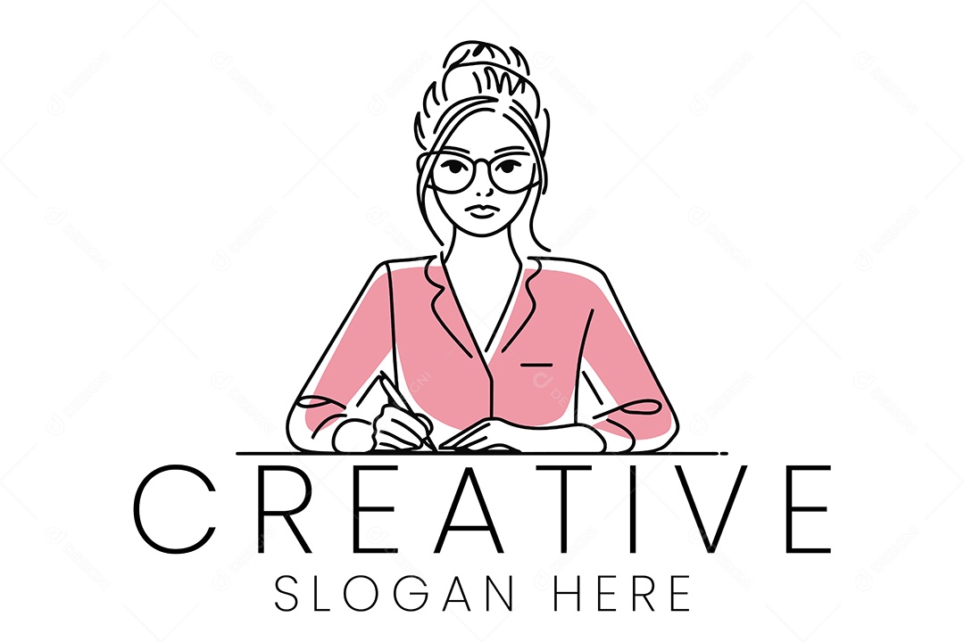Logo de Mulher Elegante Escrevendo Ídeias Criativas Ilustração Vetor EPS + AI Editável