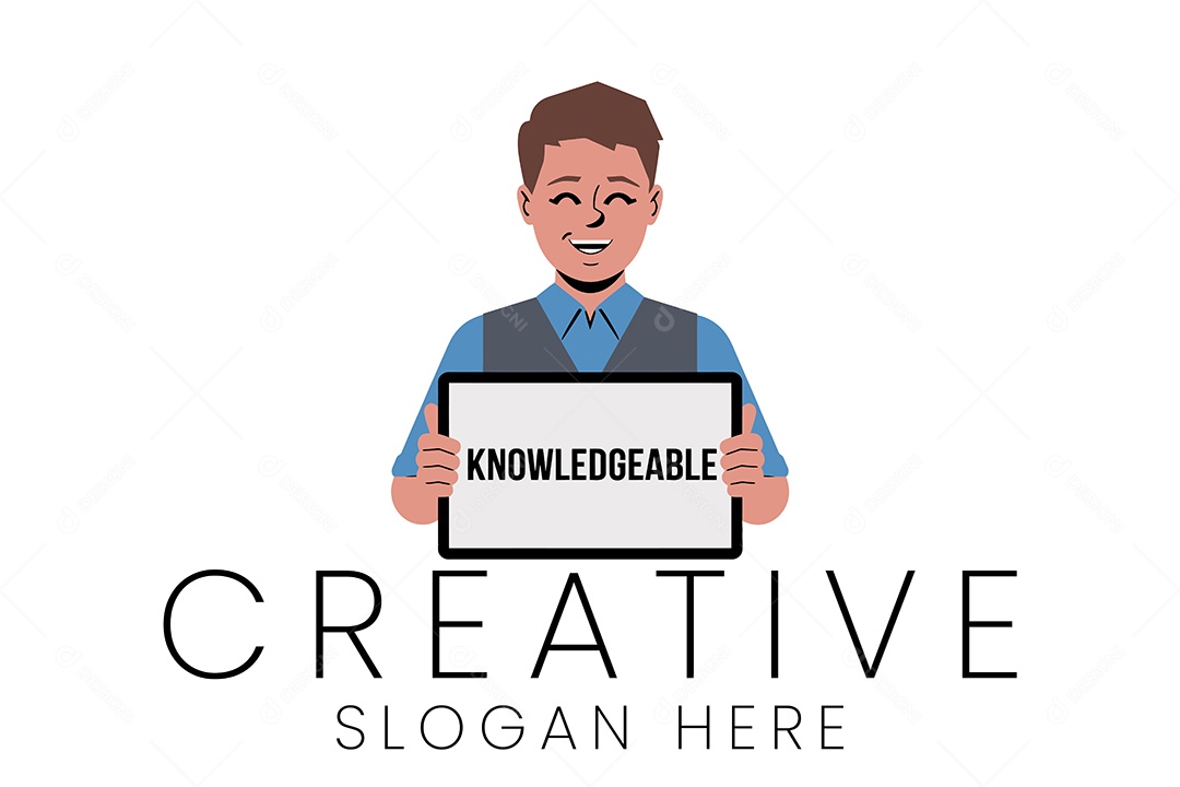 Personagem Profissional Segurando Placa de Conhecimento Design de Logotipo Criativo Ilustração Vetor EPS + AI Editável
