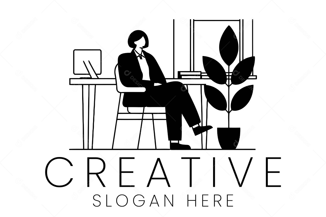 Logotipo de Mulher Elegante Trabalhando em Mesa de Escritório Ilustração Vetor EPS + AI Editável