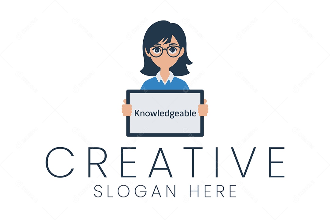 Mulher Profissional Segurando Placa de Conhecimento Design de Logotipo Criativo Ilustração Vetor EPS + AI Editável