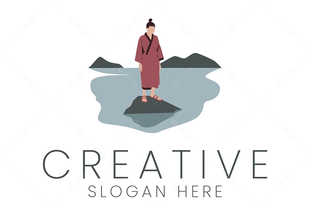Logotipo de Pessoa Vestindo um Quimono em Pé Sobre uma Pedra Ilustração Vetor EPS + AI Editável