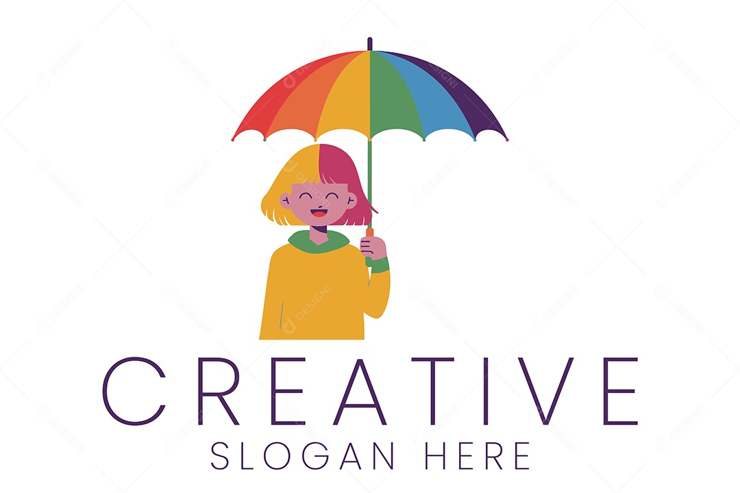 Logotipo de Menina com Guarda Chuva Colorido Ilustração Vetor EPS + AI Editável