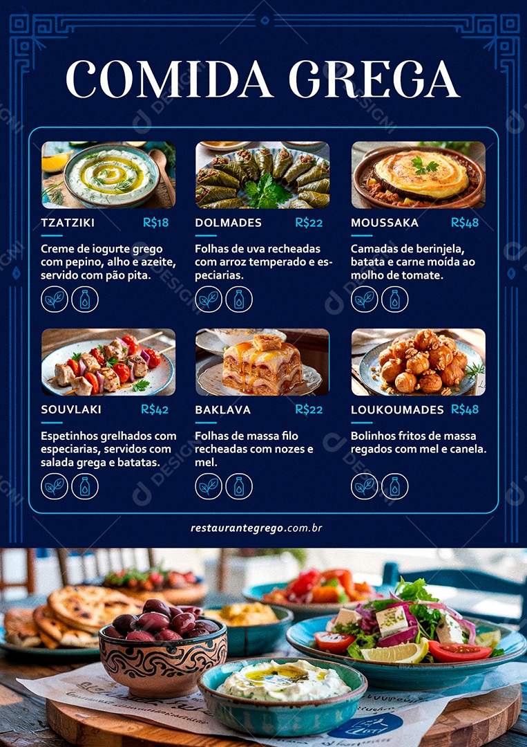 Modelo de Cardápio Comida Grega PSD Editável
