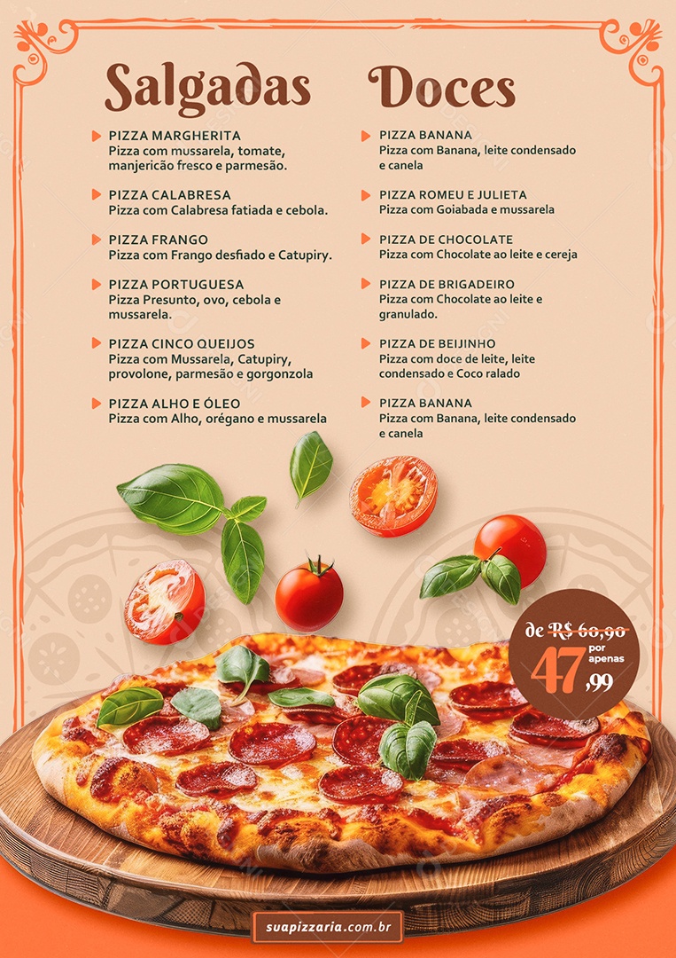 Modelo de Cardápio Pizzaria Salgadas Doces PSD Editável