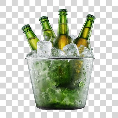 Cerveja Garrafas Verdes no Balde com Gelo PNG Transparente