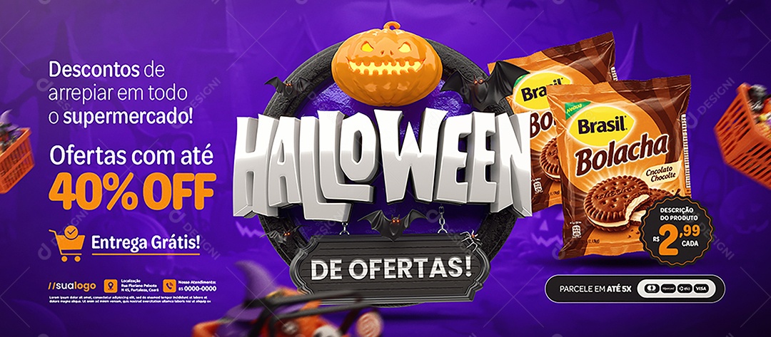 Banner Supermercado Halloween de Ofertas Descontos de Arrepiar Social Media PSD Editável