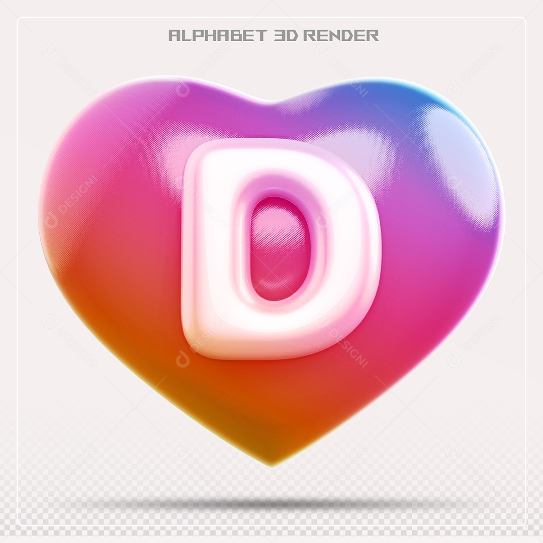 Elemento 3D Coração com letras do alfabeto Letra D Vernelho para Composição PSD