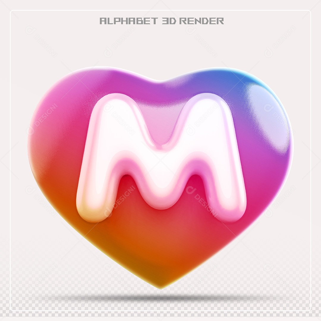 Elemento 3D Coração com letras do alfabeto Letra M Vernelho para Composição PSD