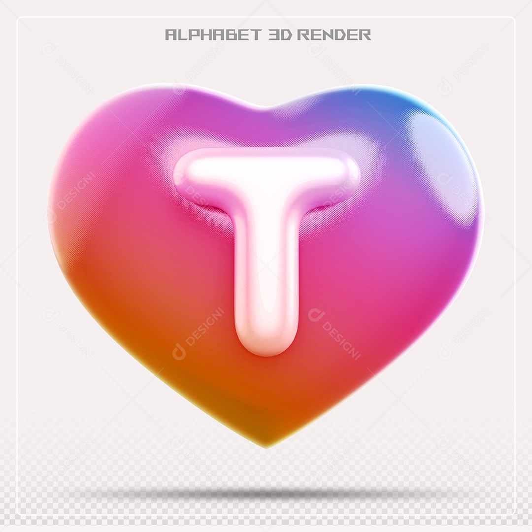 Elemento 3D Coração com letras do alfabeto Letra T Vernelho para Composição PSD