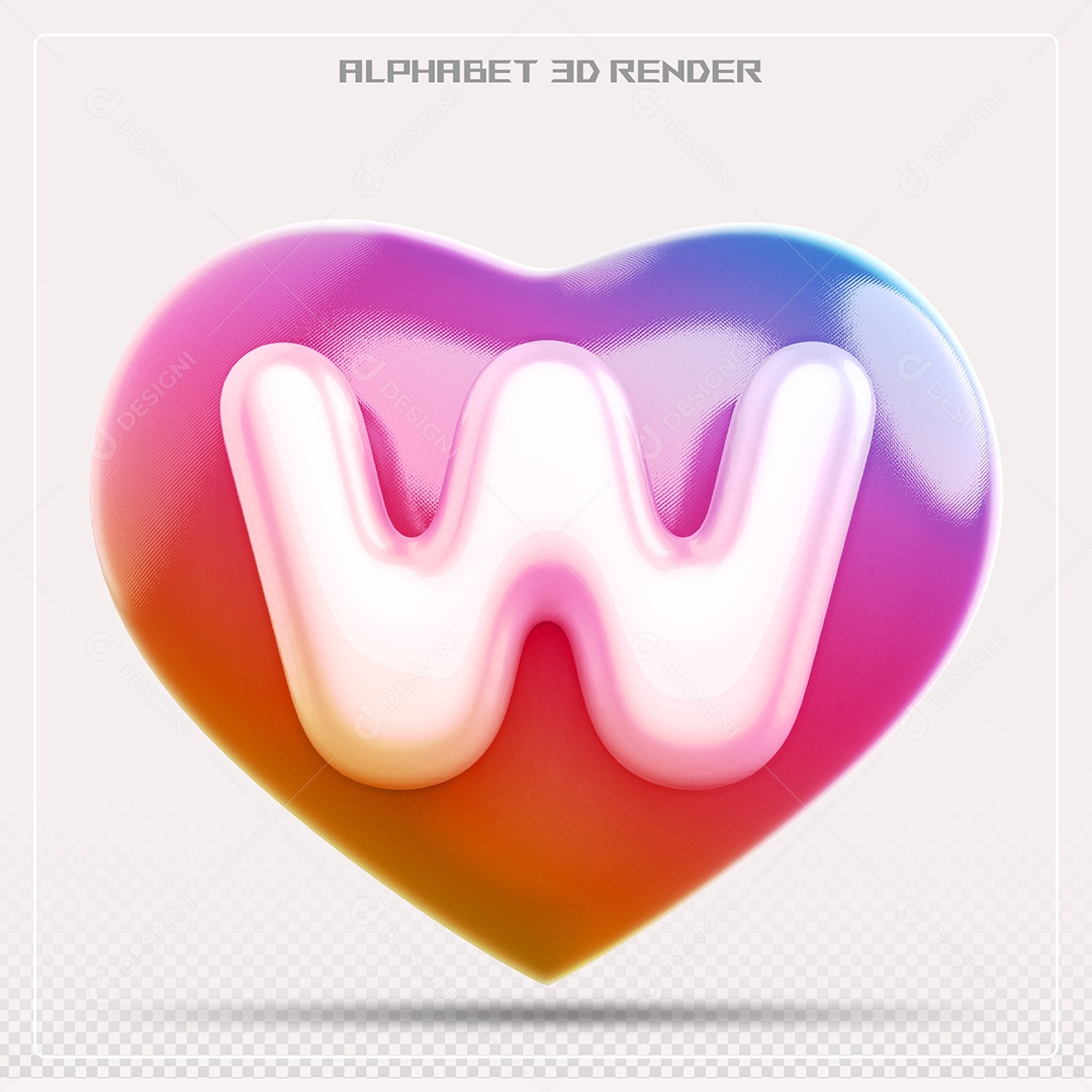 Elemento 3D Coração com letras do alfabeto Letra W Vernelho para Composição PSD