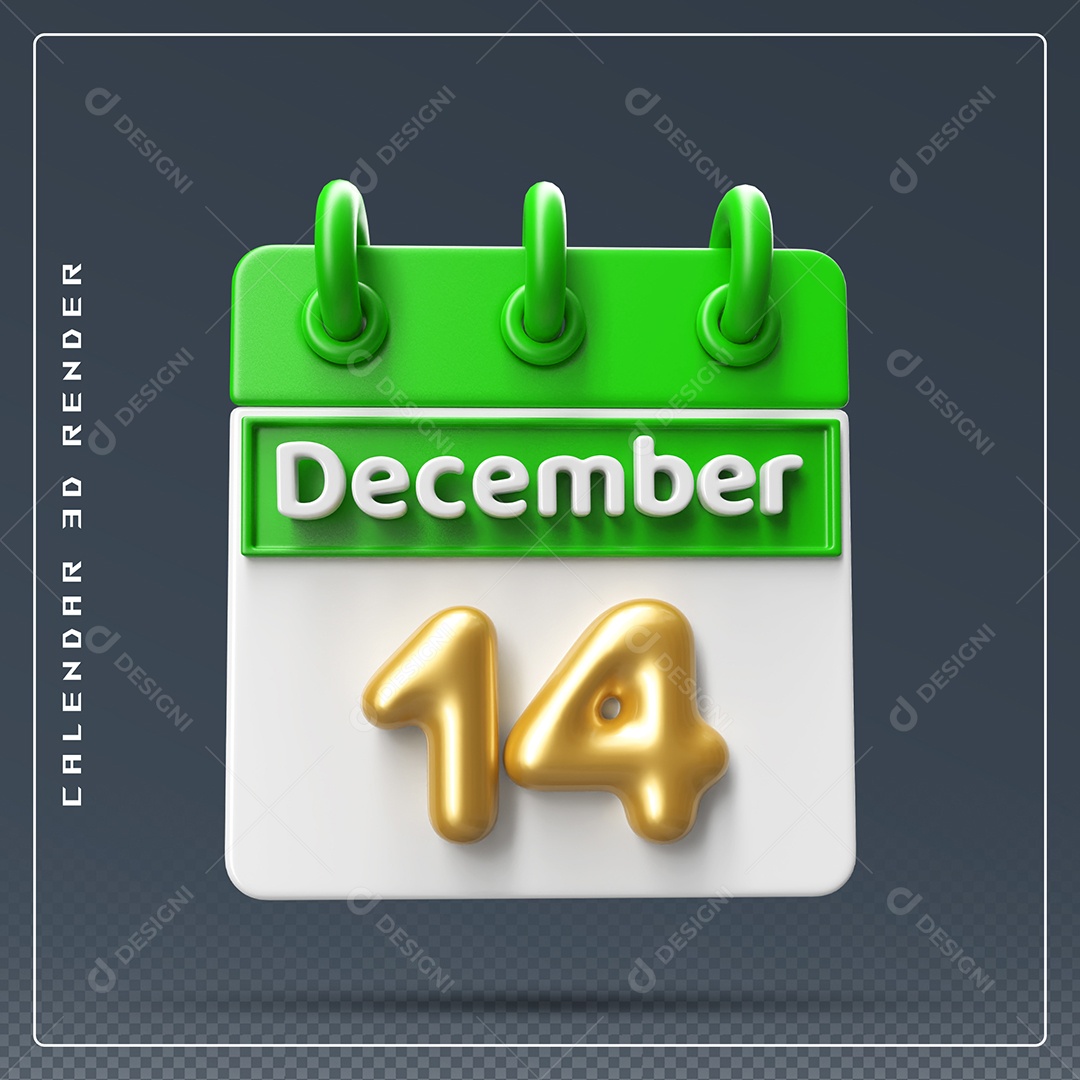 Calendário Do mês Dezembro Dia 14 Elemento 3D Verde Dourado e Branco Para Composição PSD