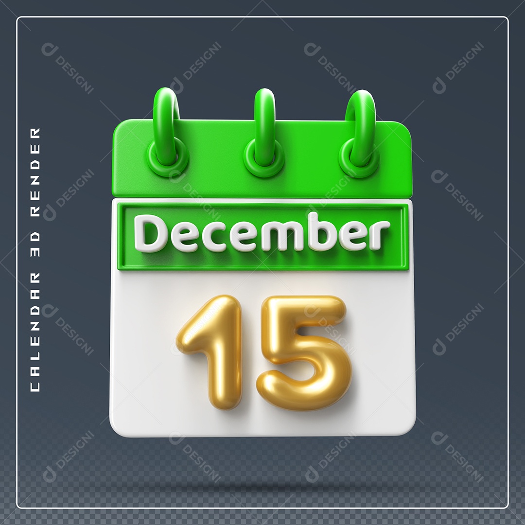 Calendário Do mês Dezembro Dia 15 Elemento 3D Verde Dourado e Branco Para Composição PSD