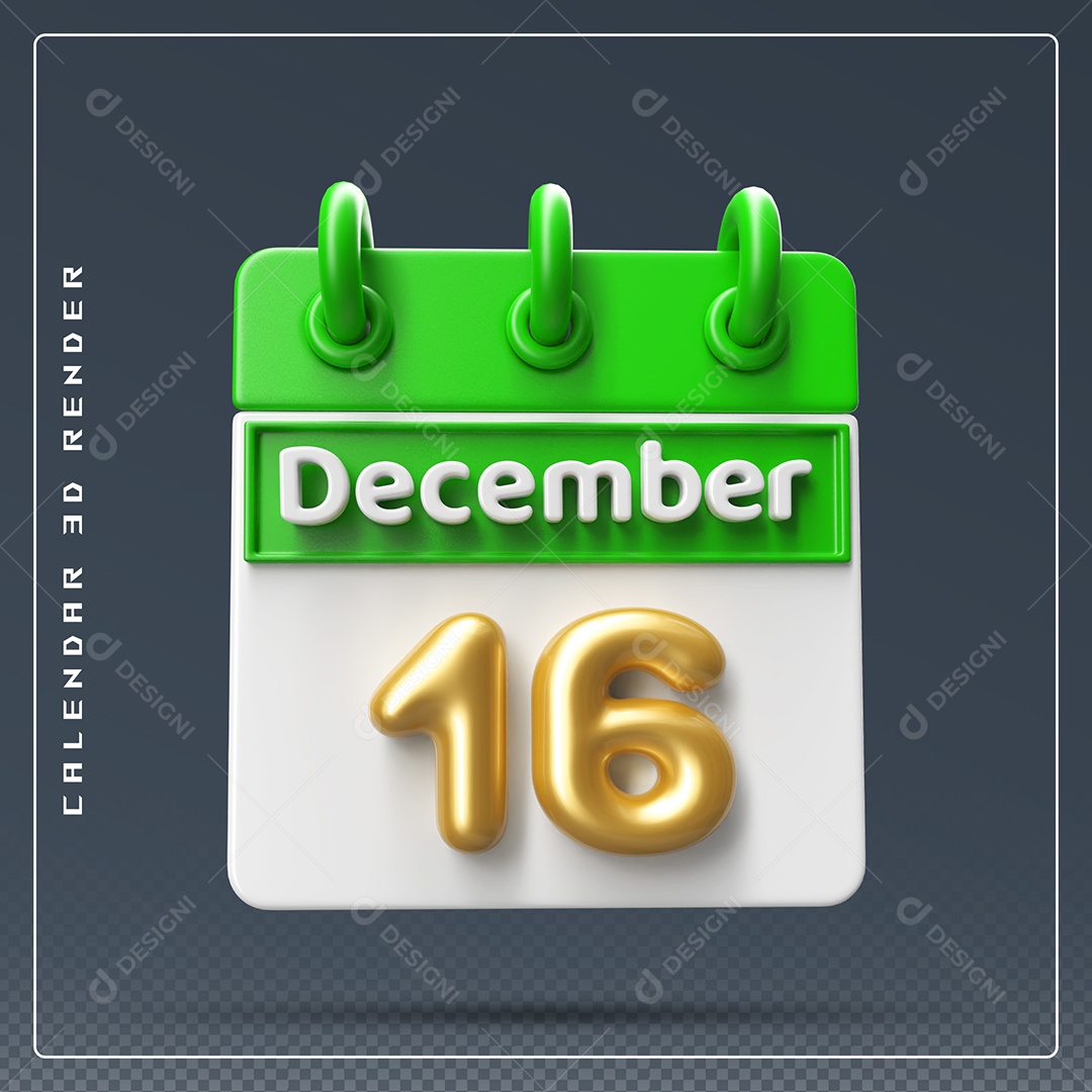 Calendário Do mês Dezembro Dia 16 Elemento 3D Verde Dourado e Branco Para Composição PSD