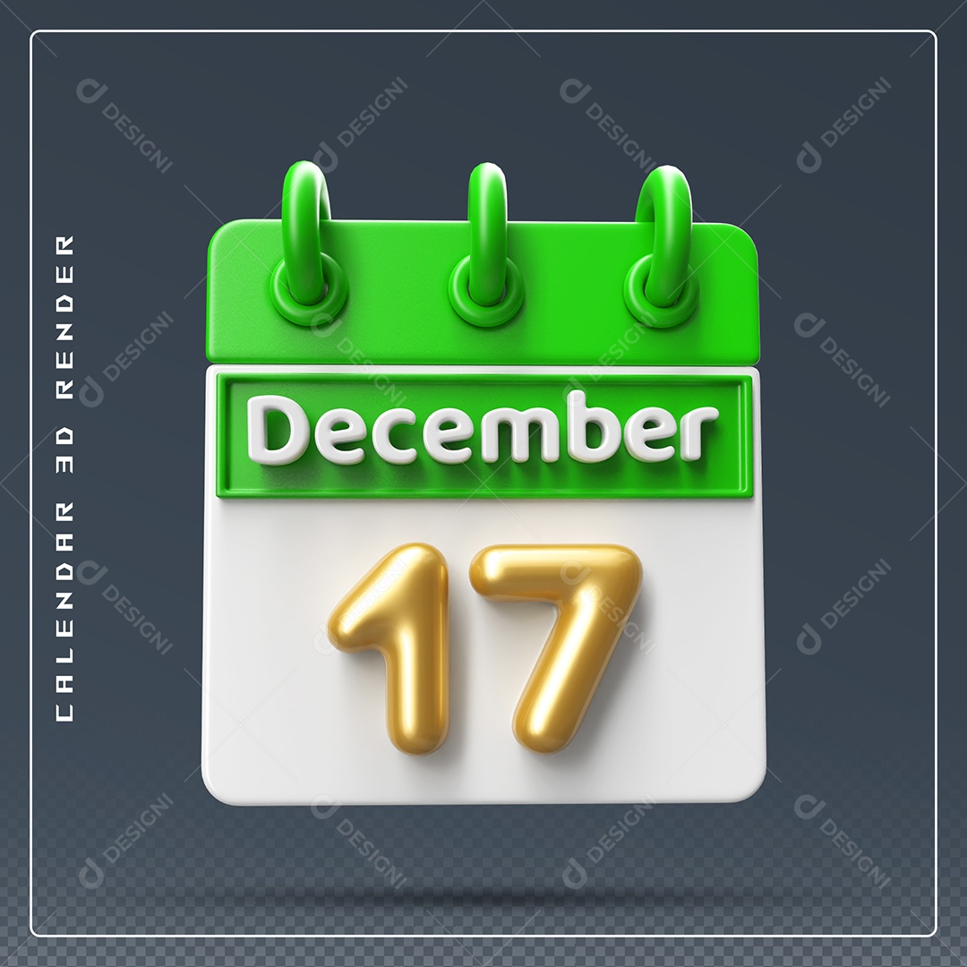 Calendário Do mês Dezembro Dia 17 Elemento 3D Verde Dourado e Branco Para Composição PSD