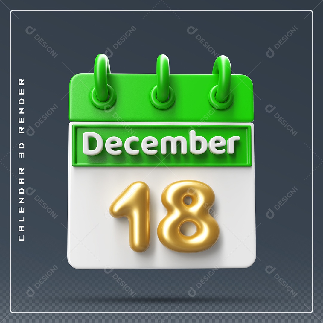 Calendário Do mês Dezembro Dia 18 Elemento 3D Verde Dourado e Branco Para Composição PSD