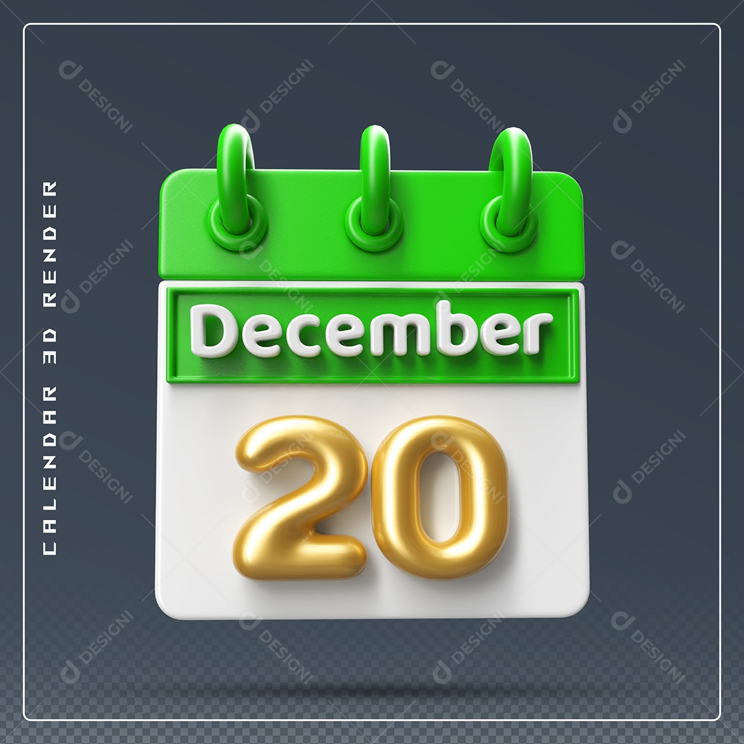 Calendário Do mês Dezembro Dia 20 Elemento 3D Verde Dourado e Branco Para Composição PSD