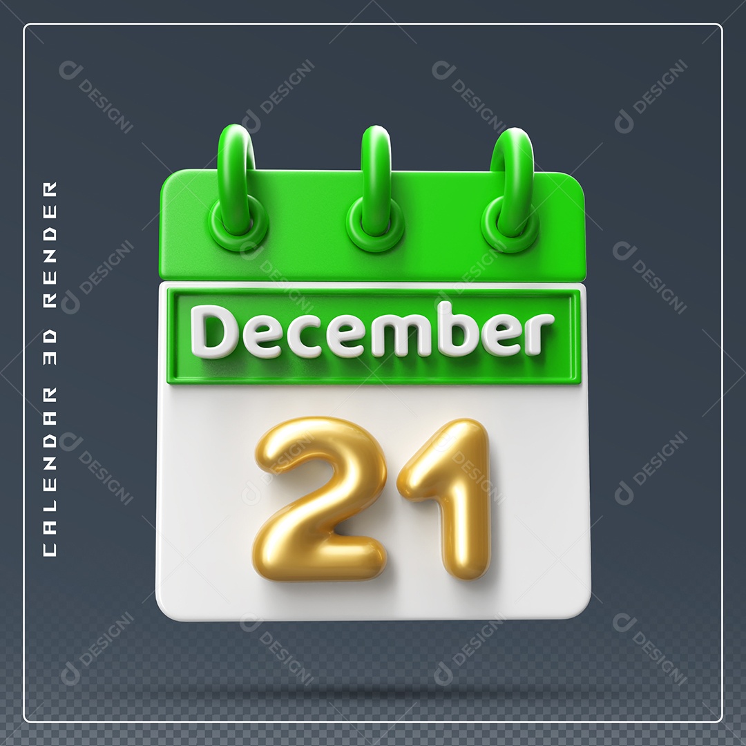 Calendário Do mês Dezembro Dia 21 Elemento 3D Verde Dourado e Branco Para Composição PSD