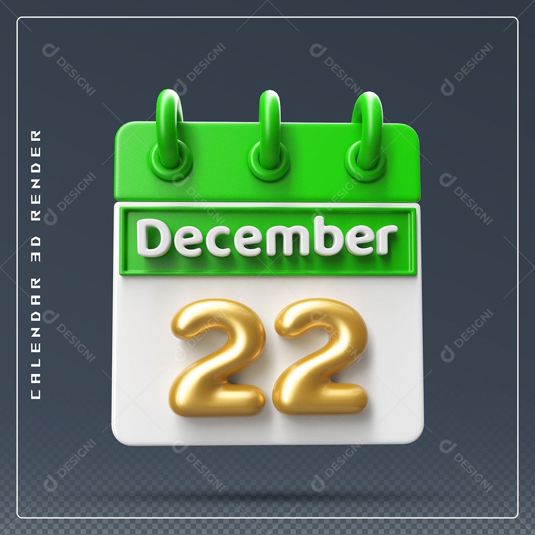 Calendário Do mês Dezembro Dia 22 Elemento 3D Verde Dourado e Branco Para Composição PSD