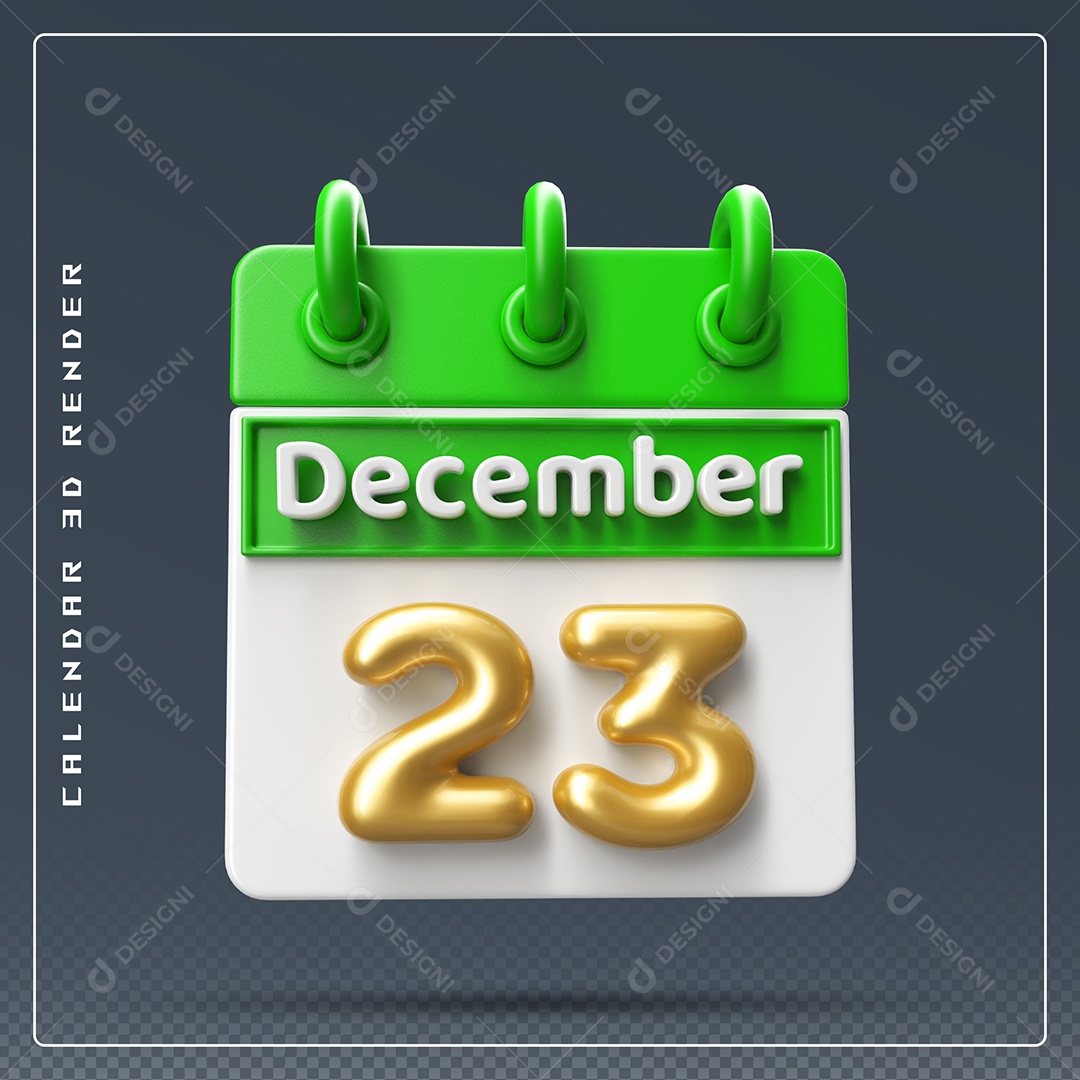 Calendário Do mês Dezembro Dia 23 Elemento 3D Verde Dourado e Branco Para Composição PSD