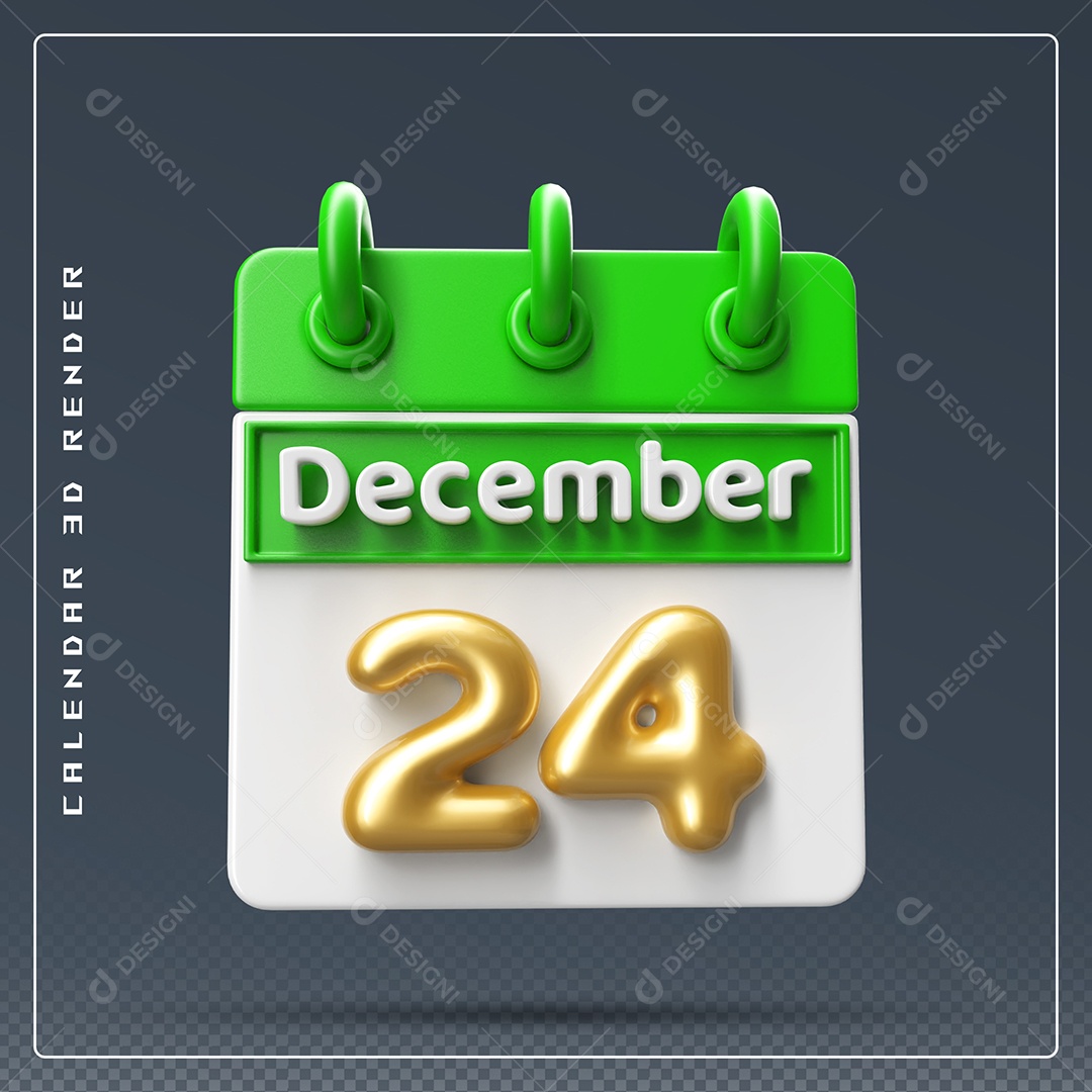 Calendário Do mês Dezembro Dia 24 Elemento 3D Verde Dourado e Branco Para Composição PSD