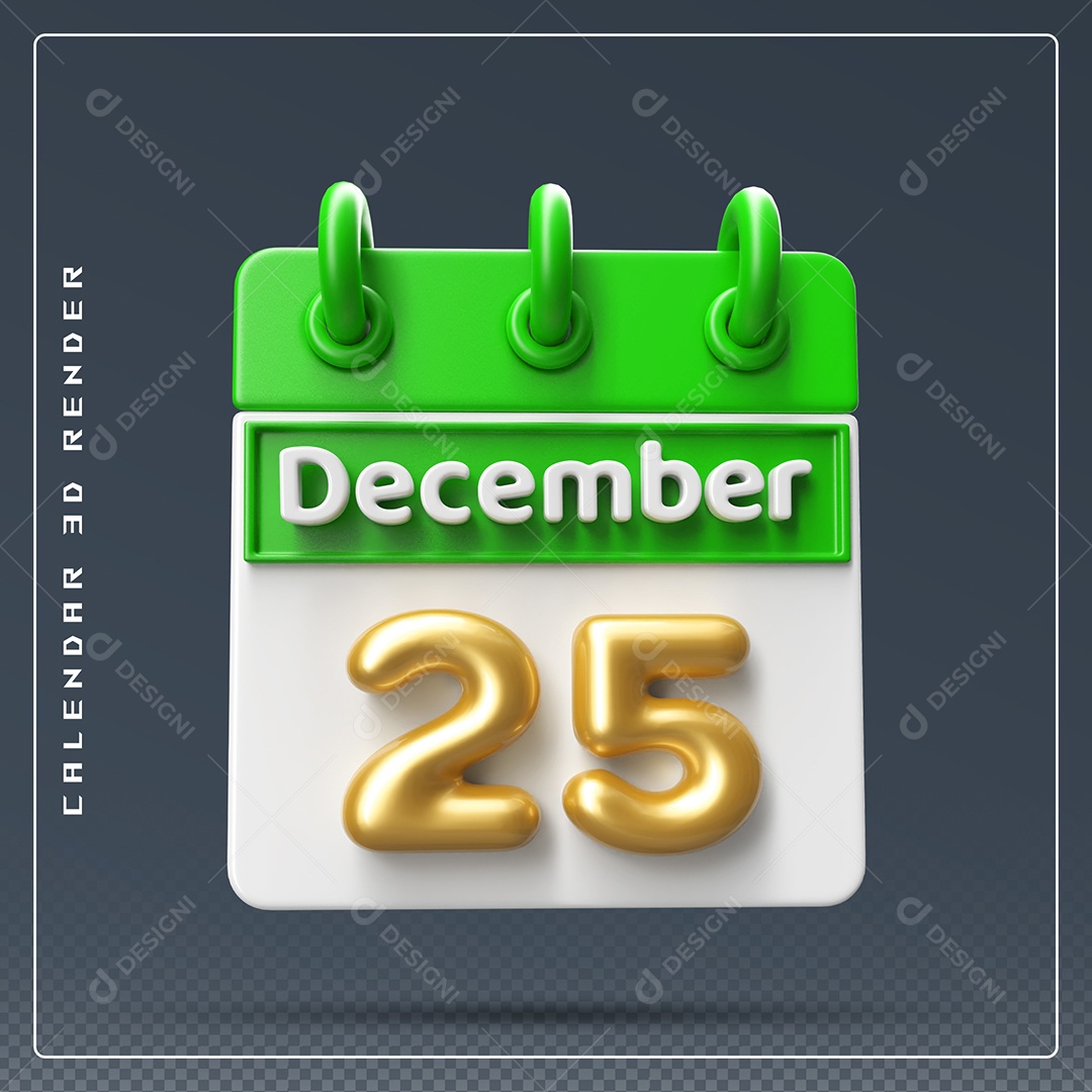 Calendário Do mês Dezembro Dia 25 Elemento 3D Verde Dourado e Branco Para Composição PSD