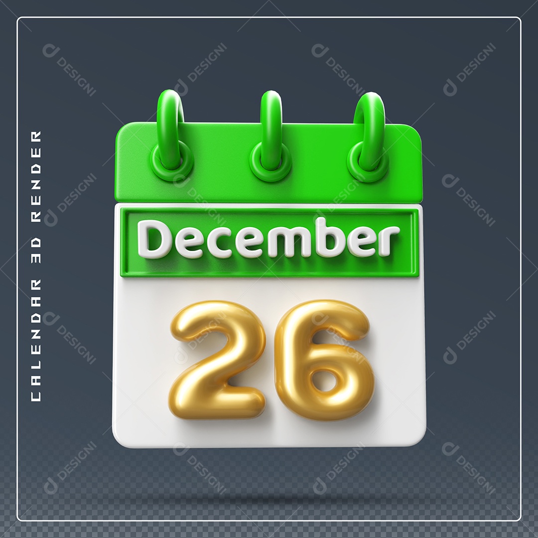 Calendário Do mês Dezembro Dia 26 Elemento 3D Verde Dourado e Branco Para Composição PSD