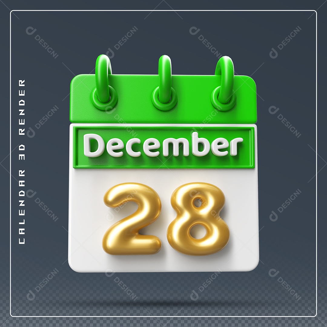 Calendário Do mês Dezembro Dia 28 Elemento 3D Verde Dourado e Branco Para Composição PSD