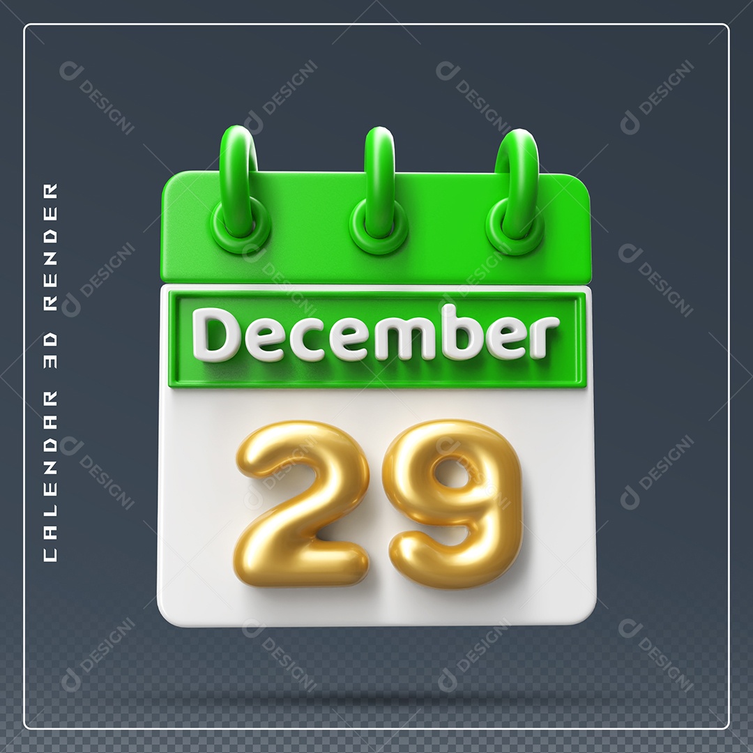 Calendário Do mês Dezembro Dia 29 Elemento 3D Verde Dourado e Branco Para Composição PSD