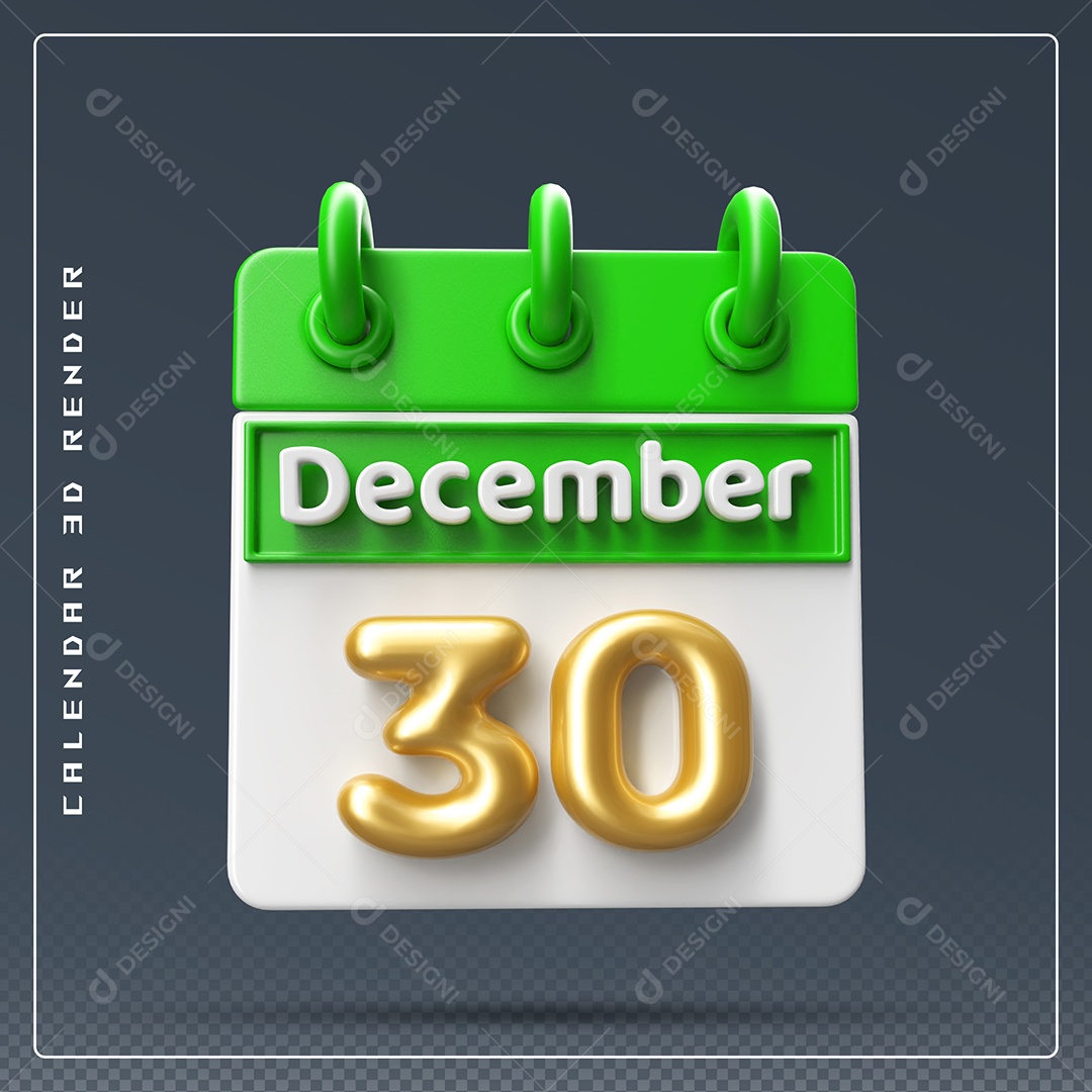 Calendário Do mês Dezembro Dia 30 Elemento 3D Verde Dourado e Branco Para Composição PSD