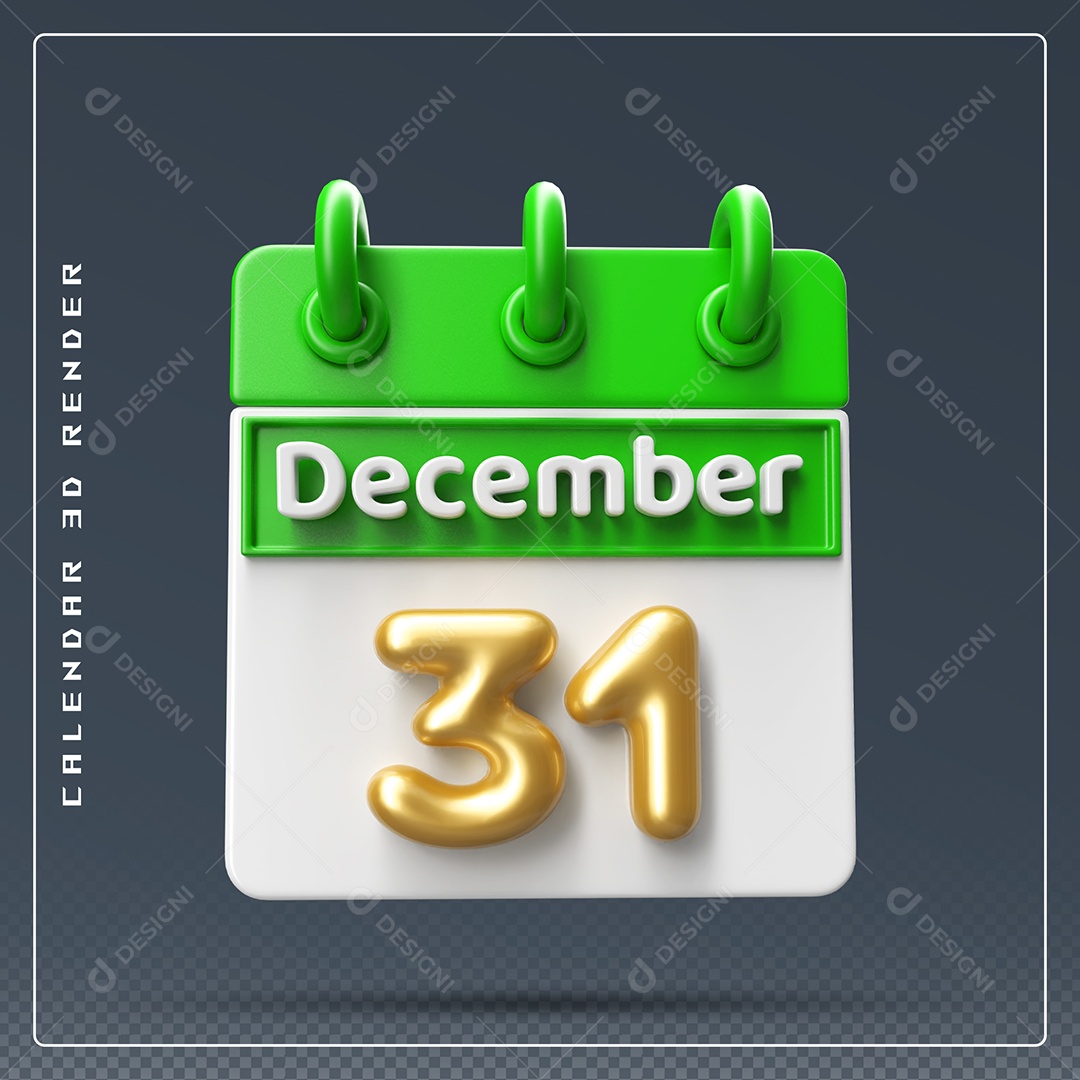 Calendário Do mês Dezembro Dia 31 Elemento 3D Verde Dourado e Branco Para Composição PSD