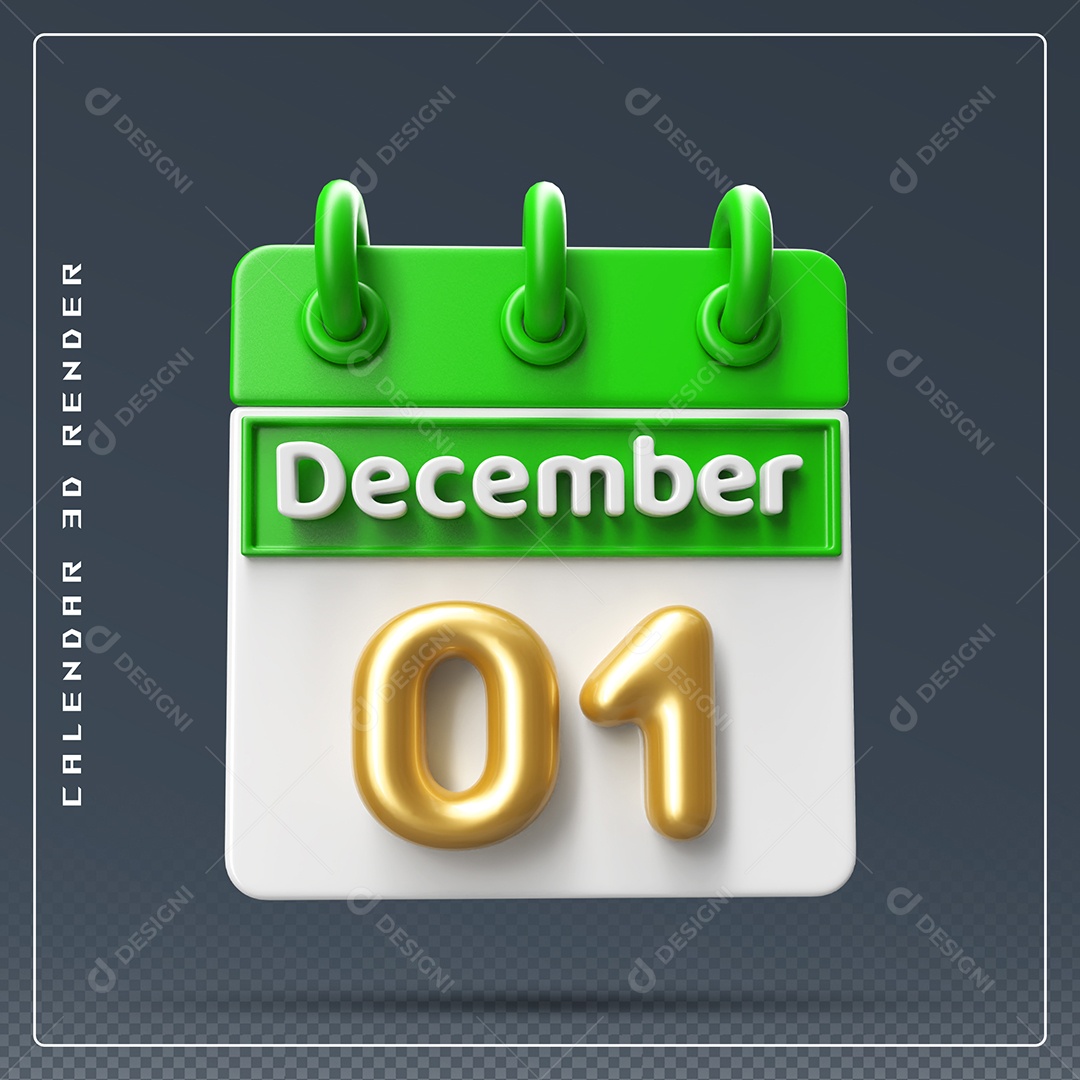 Calendário Do mês Dezembro Dia 01 Elemento 3D Verde Dourado e Branco Para Composição PSD