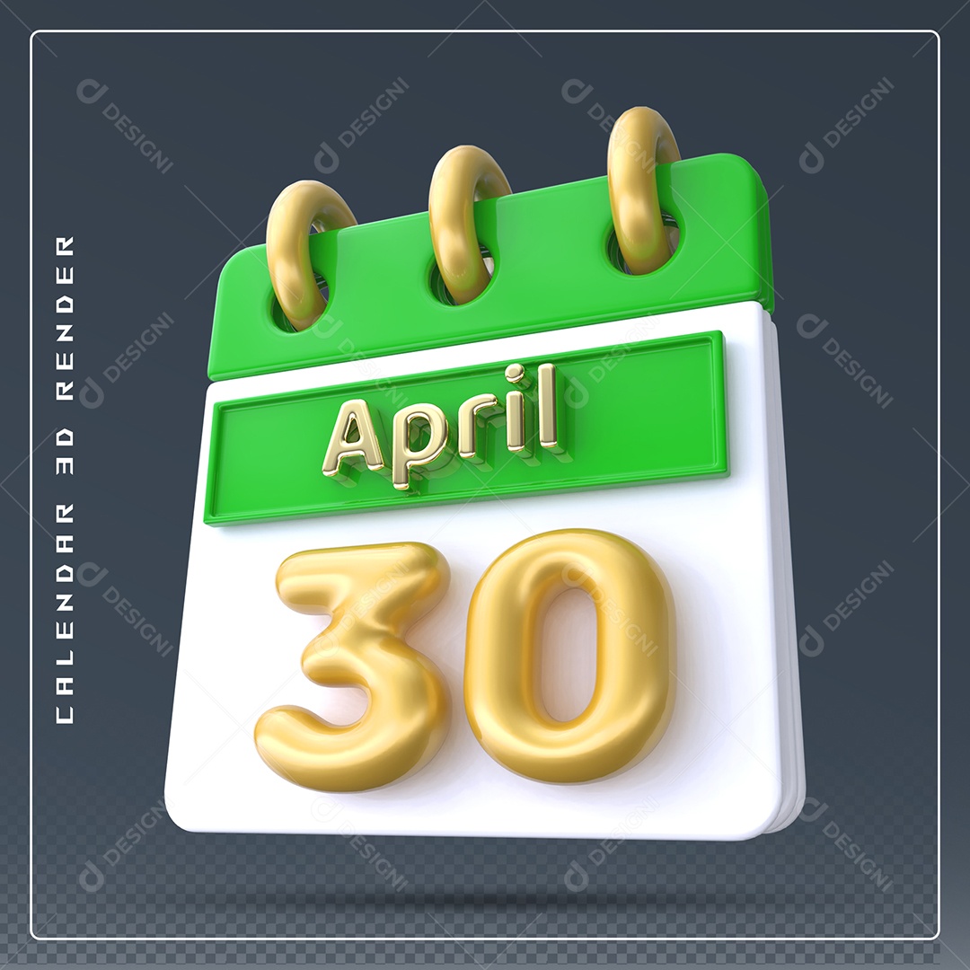 Calendário Do mês Abril Dia 30 Elemento 3D Verde Dourado e Branco Para Composição PSD