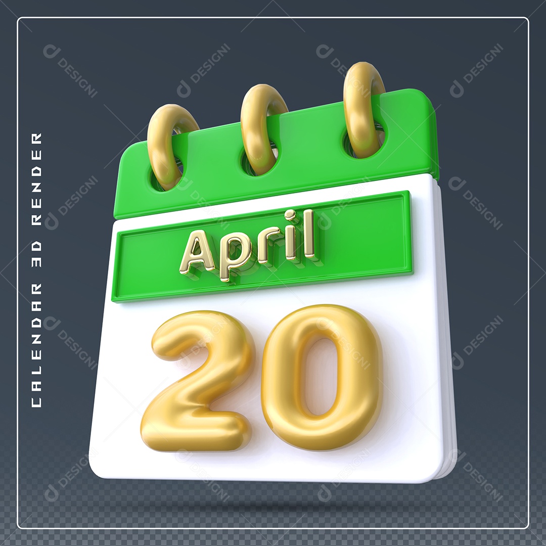 Calendário Do mês Abril Dia 20 Elemento 3D Verde Dourado e Branco Para Composição PSD