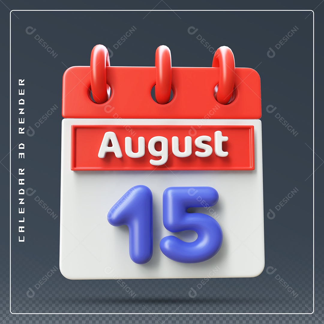 Calendário Do mês Agosto Dia 15 Elemento 3D Vermelho Azul e Branco Para Composição PSD