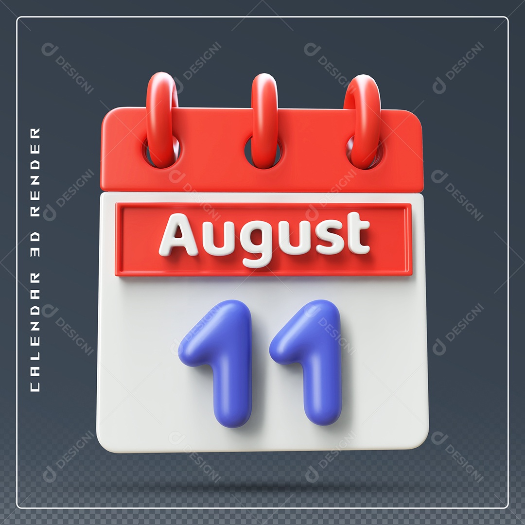 Calendário Do mês Agosto Dia 11 Elemento 3D Vermelho Azul e Branco Para Composição PSD