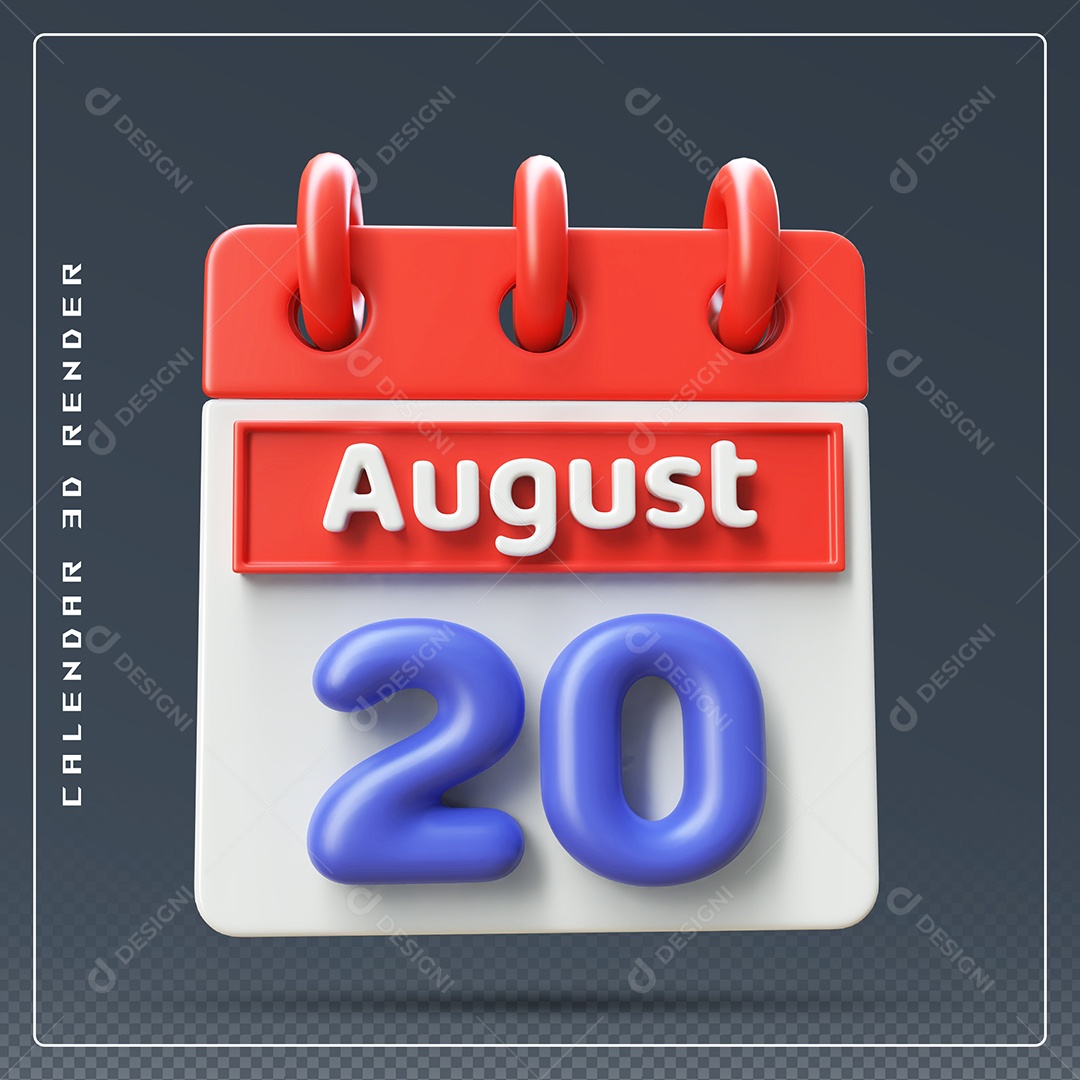 Calendário Do mês Agosto Dia 20 Elemento 3D Vermelho Azul e Branco Para Composição PSD