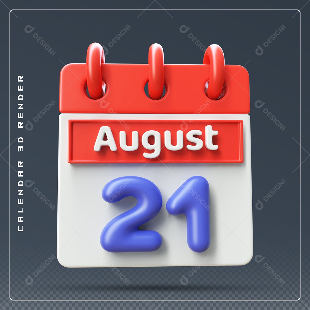 Calendário Do mês Agosto Dia 21 Elemento 3D Vermelho Azul e Branco Para Composição PSD