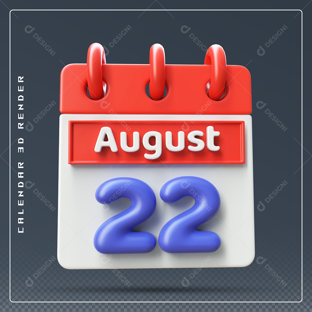 Calendário Do mês Agosto Dia 22 Elemento 3D Vermelho Azul e Branco Para Composição PSD