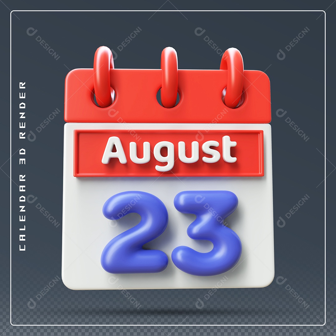 Calendário Do mês Agosto Dia 23 Elemento 3D Vermelho Azul e Branco Para Composição PSD