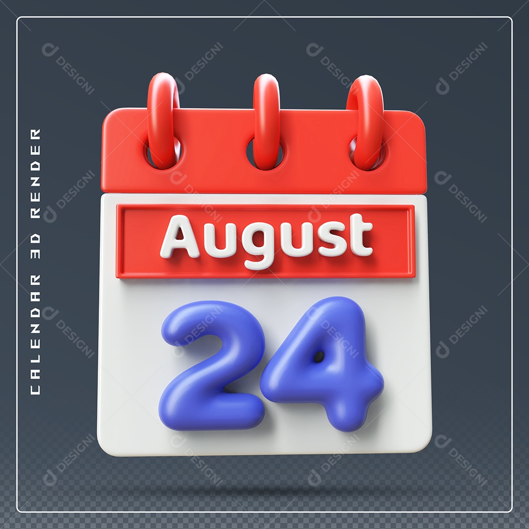Calendário Do mês Agosto Dia 24 Elemento 3D Vermelho Azul e Branco Para Composição PSD