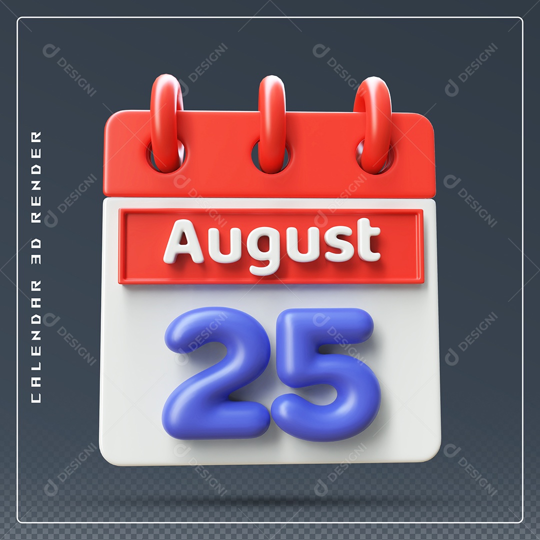 Calendário Do mês Agosto Dia 25 Elemento 3D Vermelho Azul e Branco Para Composição PSD