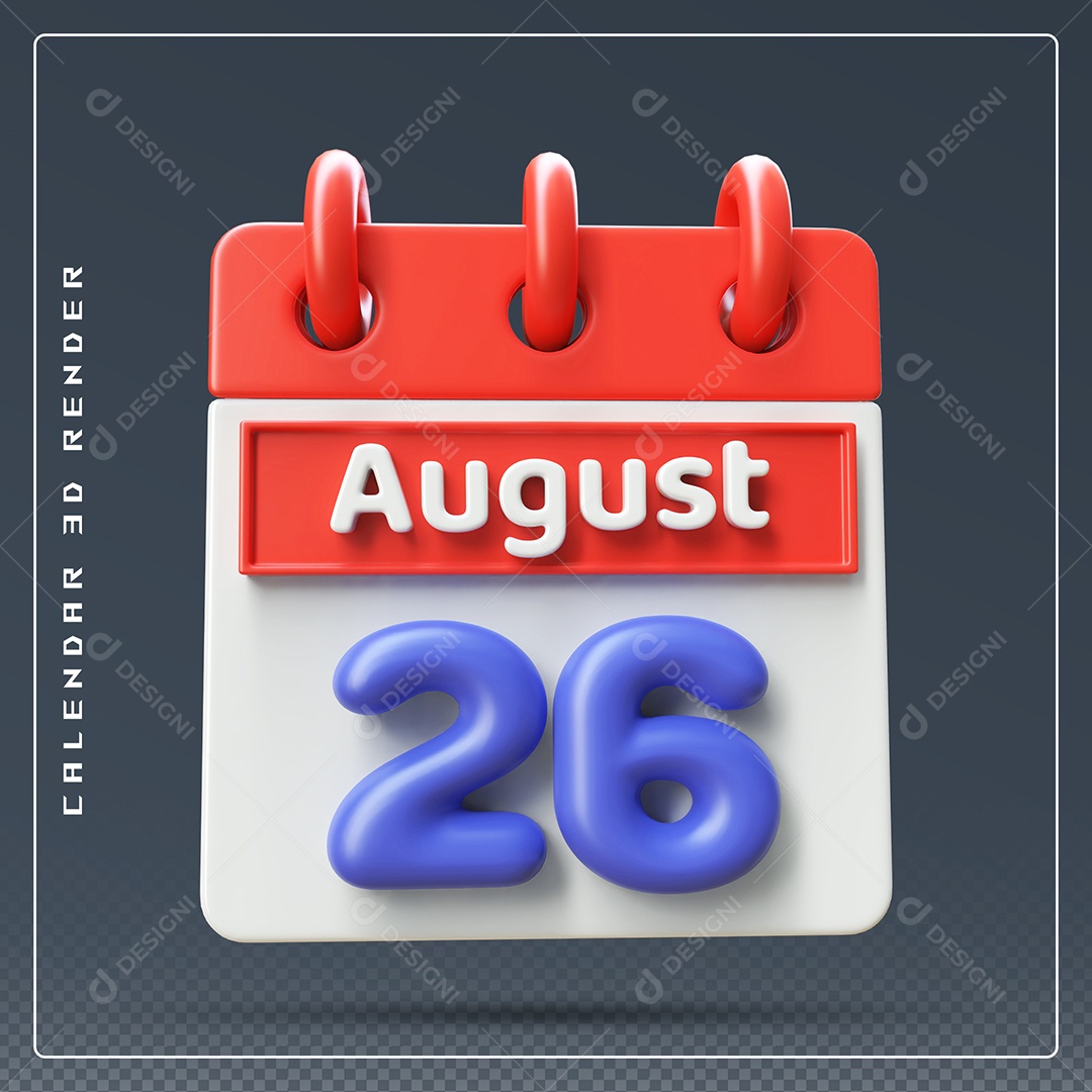 Calendário Do mês Agosto Dia 26 Elemento 3D Vermelho Azul e Branco Para Composição PSD