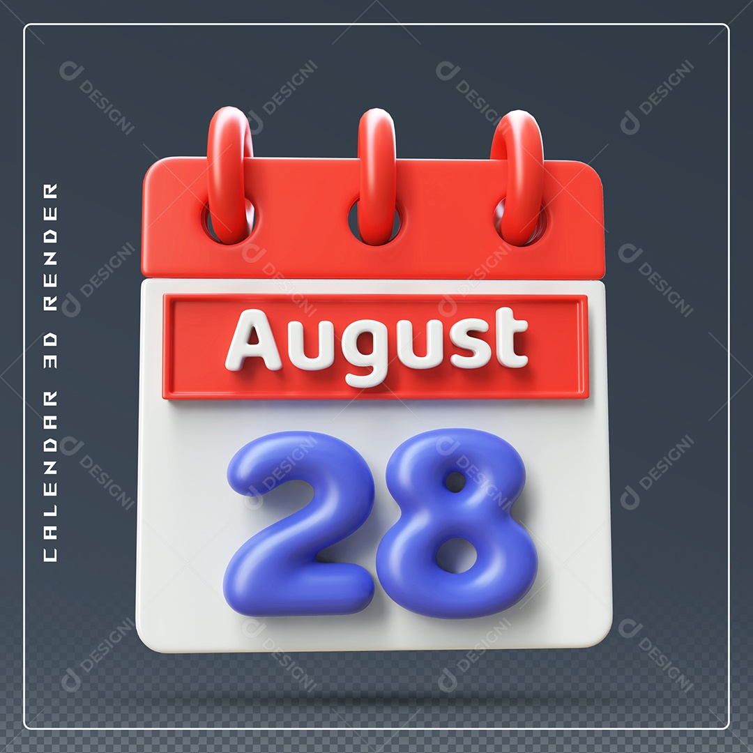 Calendário Do mês Agosto Dia 28 Elemento 3D Vermelho Azul e Branco Para Composição PSD