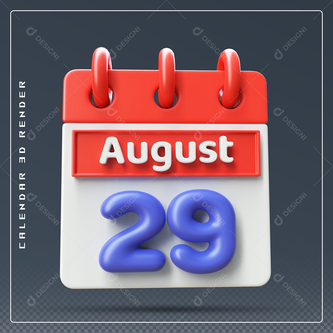Calendário Do mês Agosto Dia 29 Elemento 3D Vermelho Azul e Branco Para Composição PSD