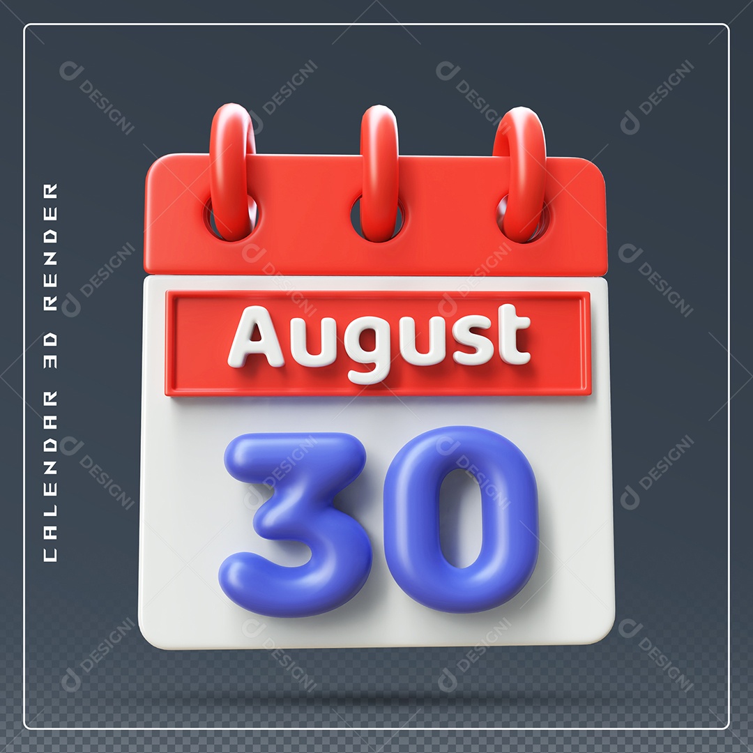 Calendário Do mês Agosto Dia 30 Elemento 3D Vermelho Azul e Branco Para Composição PSD