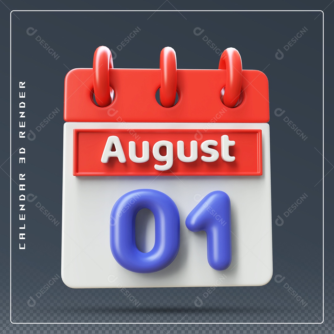 Calendário Do mês Abril Dia 01 Elemento 3D Vermelho Azul e Branco Para Composição PSD