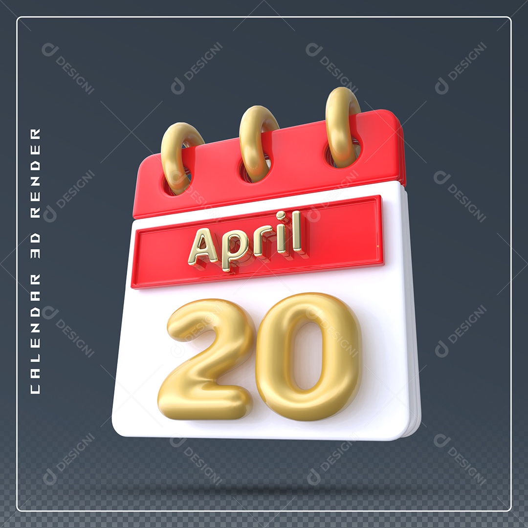 Calendário Do mês Abril Dia 20 Elemento 3D Vermelho Dourado e Branco Para Composição PSD