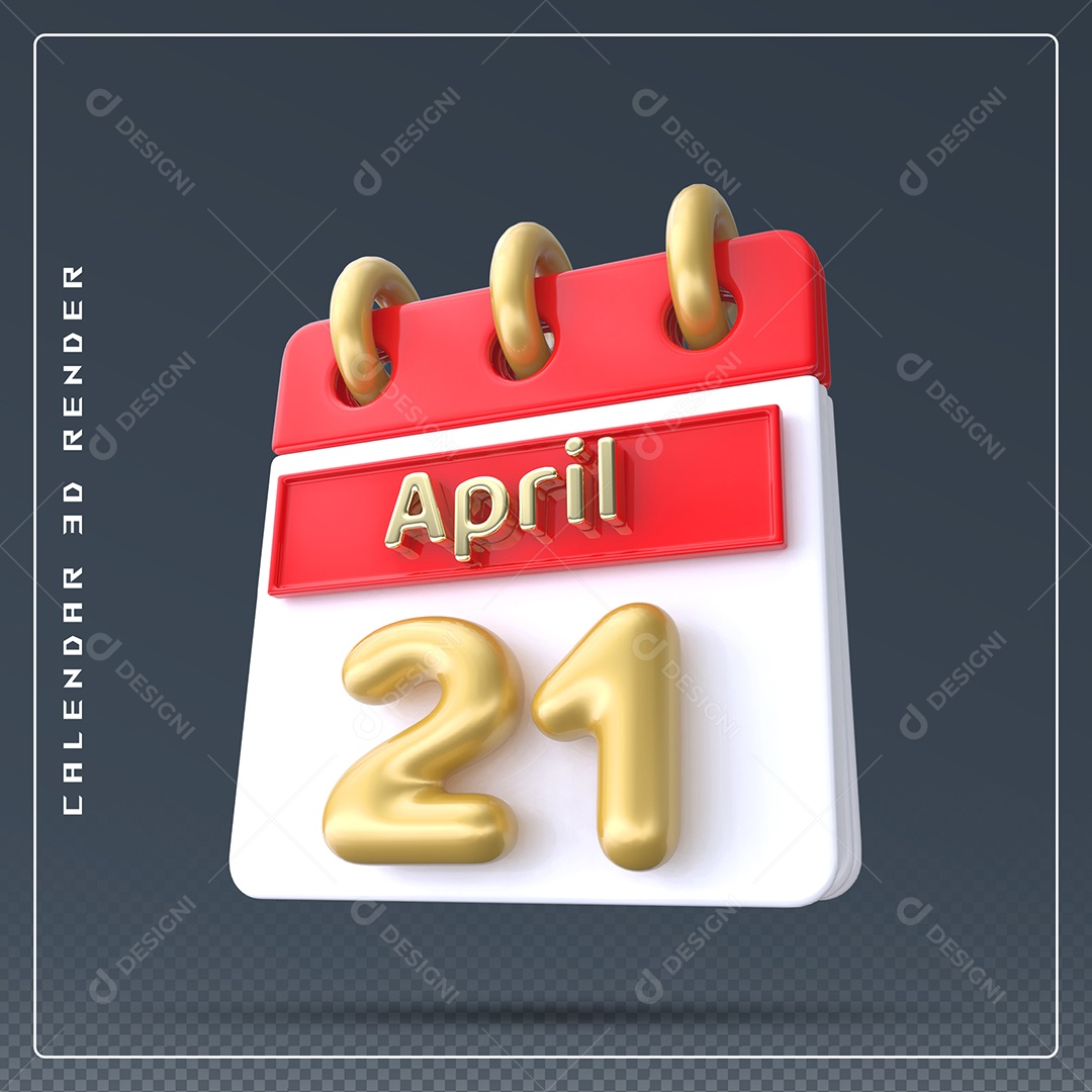 Calendário Do mês Abril Dia 21 Elemento 3D Vermelho Dourado e Branco Para Composição PSD